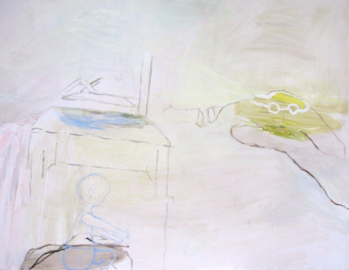 Maalaus sarjasta Keskeneräiset leikit: Keltainen ranta-auto – Painting from the series Incompleted Plays: Yellow Car on the Beach (2011)