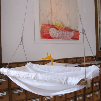 Name of the work: Keltaisen kanin kehto;  Maalaus Tuntematon vauva korissa –  The Yellow Rabbit that Rocks the Cradle; Painting Unknown Baby In The Basket (2010)