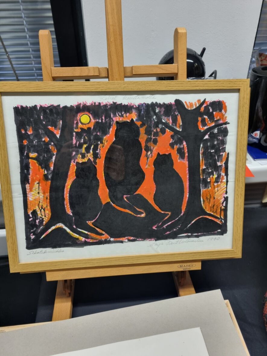 Kissoja kuutamolla sarja akvarelli