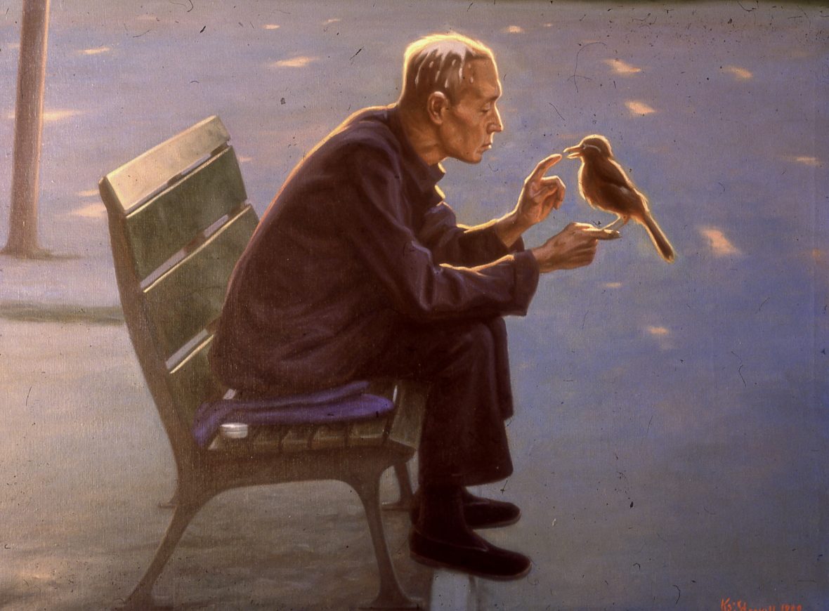 ”Man teaches a bird”