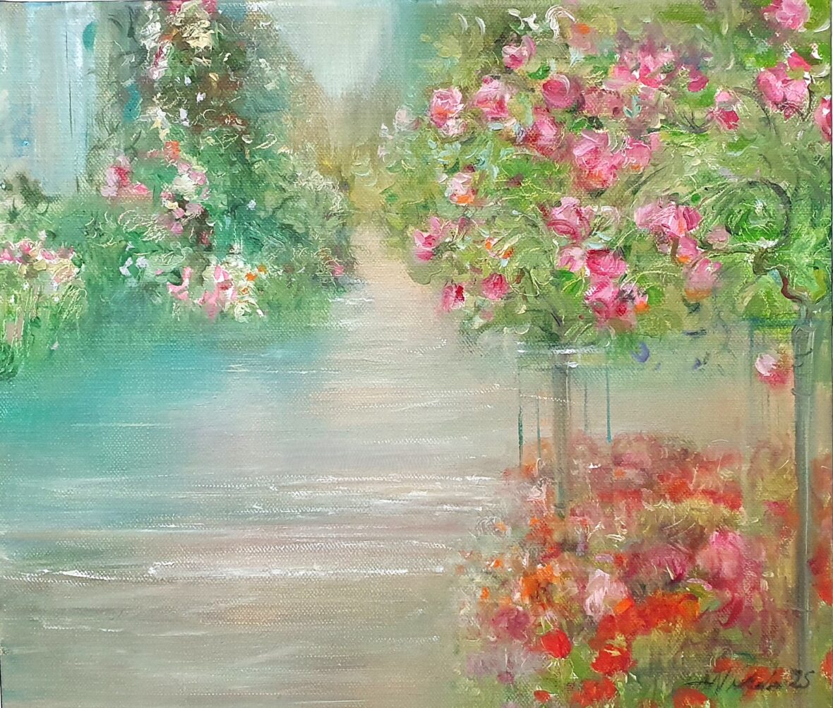 Sadetta ruusutarhassa