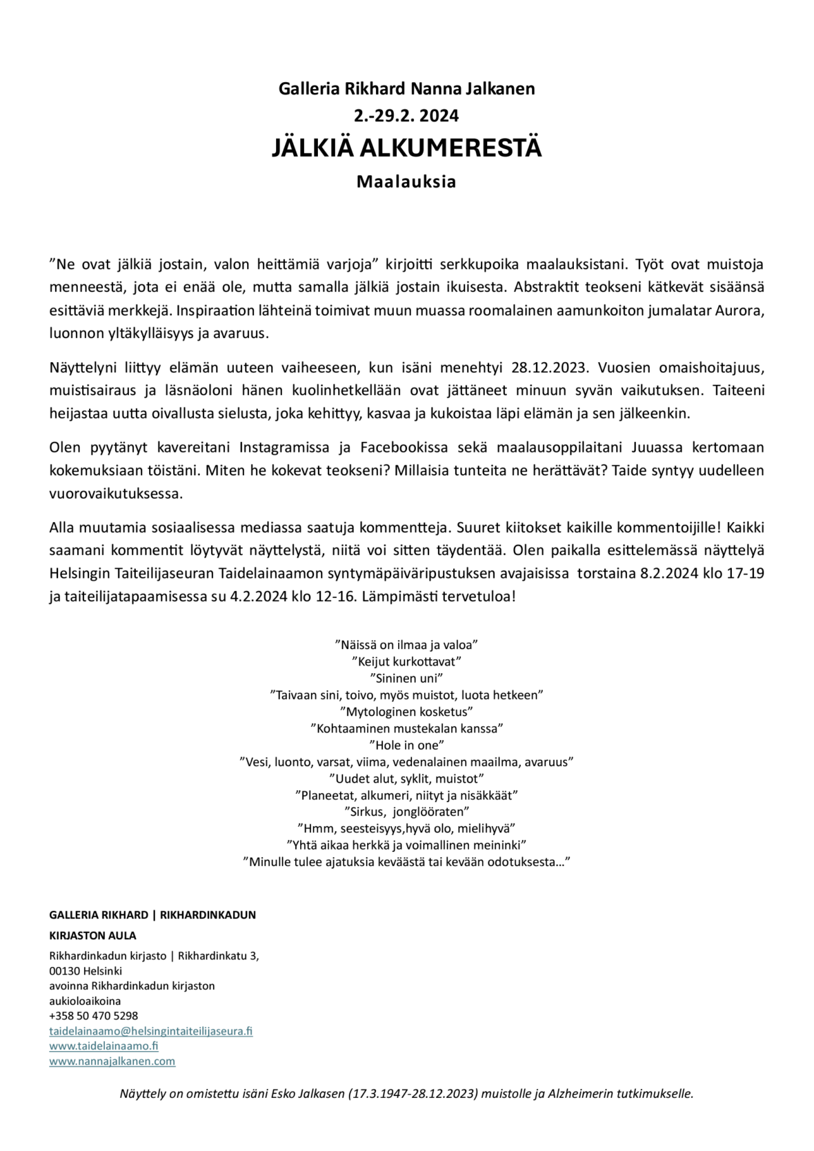 Näyttelytiedote helmikuu 2024