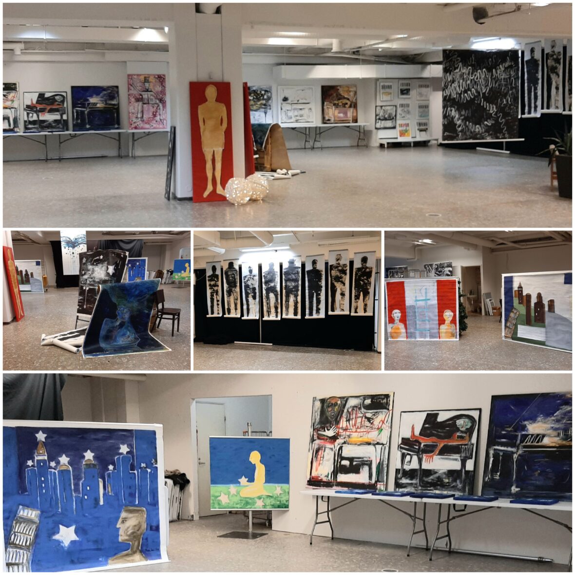 Iso Teljäntorin kauppatila muuntui taidenäyttelyn tilaksi tammikuussa 2026 kaupunkimessujen yhteydessä. Kaikki kuvan työt Helena Laineen töitä. ILO-ryhmän 1. kutsutaiteilija.