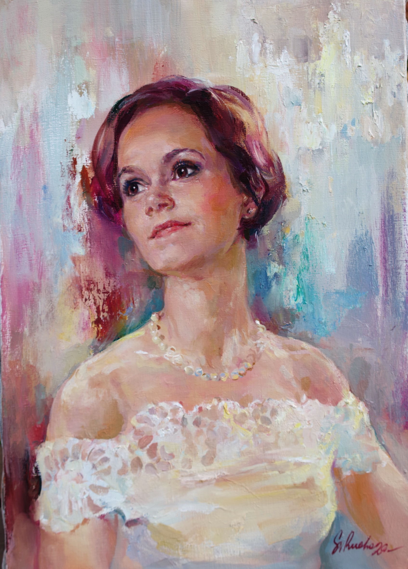 Teoksen nimi: Helmikorussa, muotokuva, öljy kankaalle, 41 x 60 cm, 2020