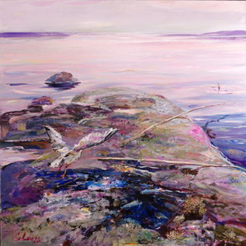 Teoksen nimi: Liila ilta, öljy, akryyllí, kollaasi kankaalle, 120 x 120 cm, 2020